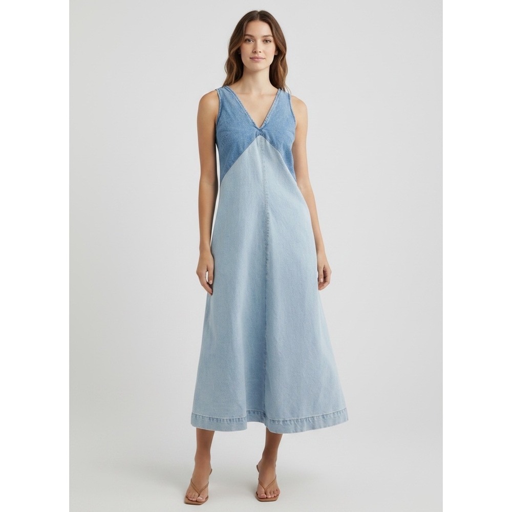 Torn by Ronny Kobo Two Tone Denim Midi Dress V-Neck Colorblock Blue Small NWT
